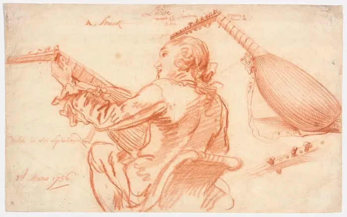 Framed Print : Sketches of a Lute Player and Lute, 1756. Creator: Jan Garemijn Framed Print : Sketches of a Lute Player and Lute, 1756. Creator: Jan Garemijn