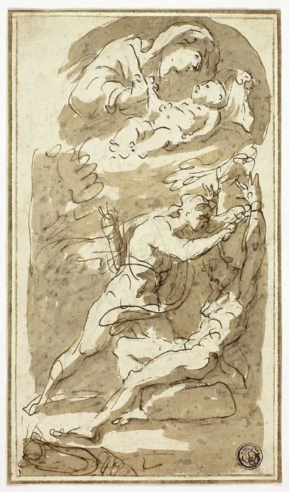 Framed Print : Sketches of Madonna and Child, Flaying of Marsyas, n.d. Creator: Style of Gaspare Diziani Italian, 1689-1767 Framed Print : Sketches of Madonna and Child, Flaying of Marsyas, n.d. Creator: Style of Gaspare Diziani Italian, 1689-1767