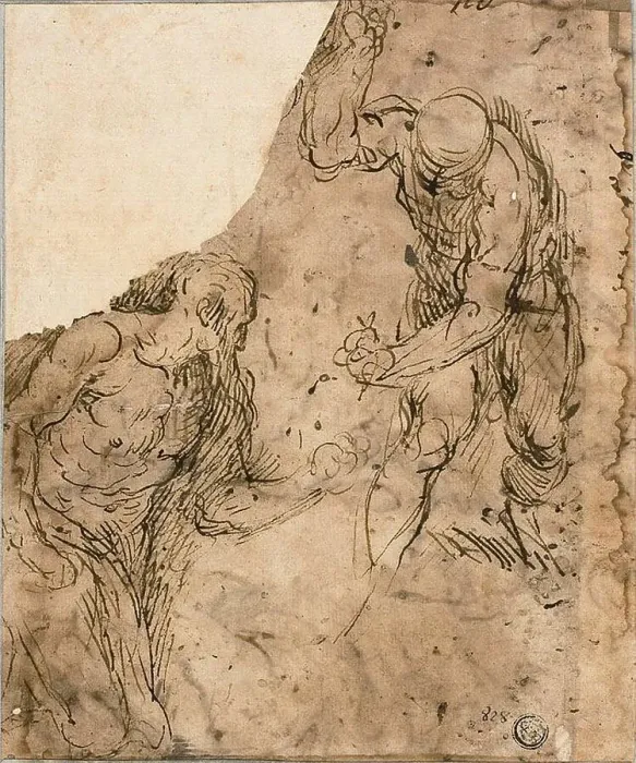 Framed Print : Two Sketches of Male Nudes, One Kneeling, One Standing (recto); Three Sketches... 1600 / 09. Creator: Jacopo Palma Framed Print : Two Sketches of Male Nudes, One Kneeling, One Standing (recto); Three Sketches... 1600 / 09. Creator: Jacopo Palma