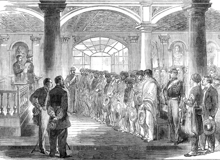 Framed Print : Sketches from Mexico: court-martial of Mexican brigands at Puebla, 1864. Creator: Unknown Framed Print : Sketches from Mexico: court-martial of Mexican brigands at Puebla, 1864. Creator: Unknown