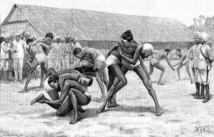 Framed Print : Sketches of the Military Police of Burmah: wrestling-match in camp, 1890. Creator: P Naumann Framed Print : Sketches of the Military Police of Burmah: wrestling-match in camp, 1890. Creator: P Naumann