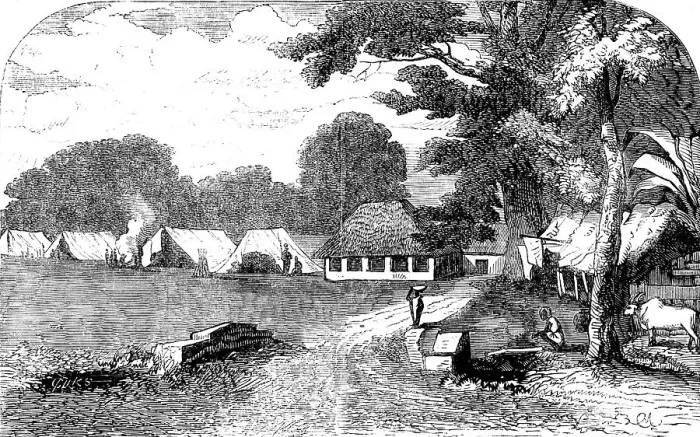 Framed Print : Sketches of Native Life in India - Sepoy Encampment at Barrackpore, 1858. Creator: Unknown Framed Print : Sketches of Native Life in India - Sepoy Encampment at Barrackpore, 1858. Creator: Unknown
