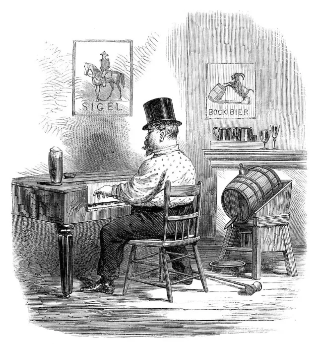 Framed Print : Sketches from New York: entertainment in a lager beer saloon, 1864. Creator: Unknown Framed Print : Sketches from New York: entertainment in a lager beer saloon, 1864. Creator: Unknown
