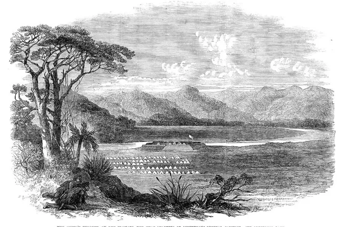 Framed Print : Sketches from New Zealand: the Queen's Redoubt, on the Waikato, HQ of Lieut.-Gen. Cameron, 1864. Creator: Unknown Framed Print : Sketches from New Zealand: the Queen's Redoubt, on the Waikato, HQ of Lieut.-Gen. Cameron, 1864. Creator: Unknown