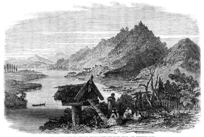 Framed Print : Sketches from New Zealand: scene on the Waikato, near its junction with the Waipa River, 1864. Creator: Unknown Framed Print : Sketches from New Zealand: scene on the Waikato, near its junction with the Waipa River, 1864. Creator: Unknown