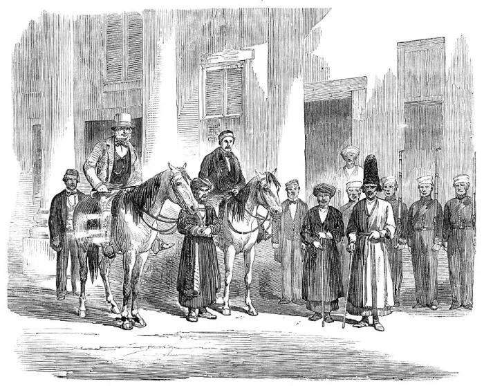 Framed Print : Sketches in the Persian Gulf - Courtyard of the British Residency, Bushire...1857. Creator: Unknown Framed Print : Sketches in the Persian Gulf - Courtyard of the British Residency, Bushire...1857. Creator: Unknown