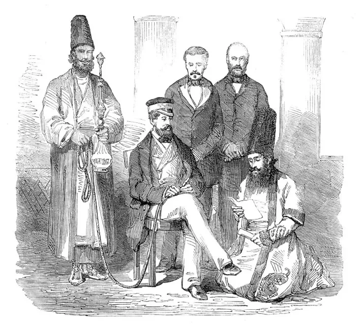 Framed Print : Sketches in the Persian Gulf - the Hon. Mr. Murray and his suite - from a photograph, 1857. Creator: Unknown