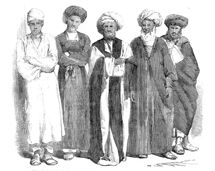 Framed Print : Sketches in the Persian Gulf - Persian and Arab inhabitants of Bushire - from a photograph, 1857. Creator: Unknown Framed Print : Sketches in the Persian Gulf - Persian and Arab inhabitants of Bushire - from a photograph, 1857. Creator: Unknown