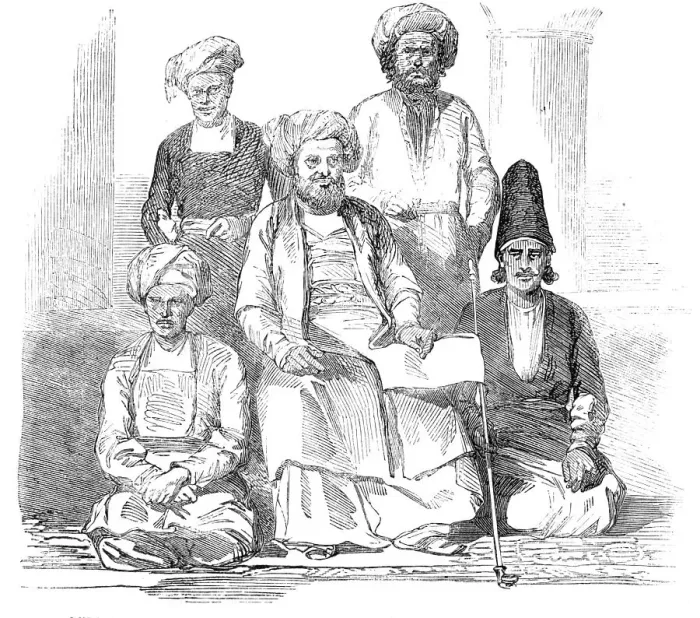 Framed Print : Sketches in the Persian Gulf - Persian Secretary and Retinue of the Resident, 1857. Creator: Unknown Framed Print : Sketches in the Persian Gulf - Persian Secretary and Retinue of the Resident, 1857. Creator: Unknown