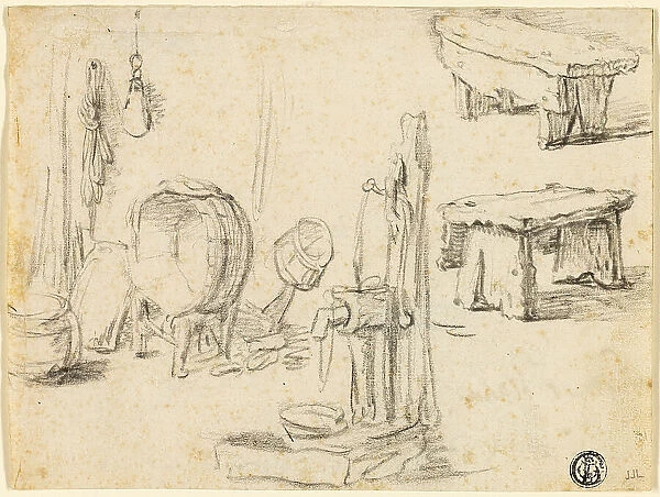 Sketches of Pump, Washtub, Benches, n.d. Creator: Unknown