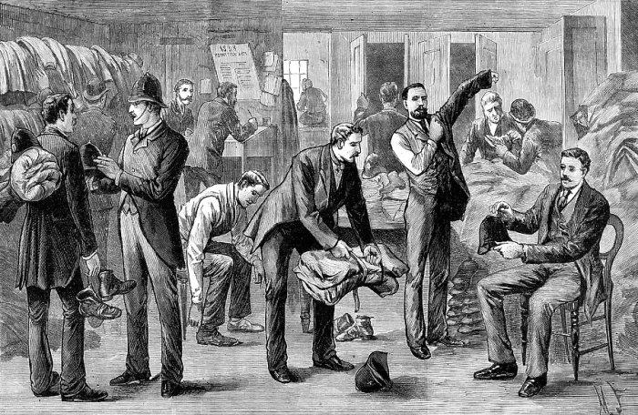 Framed Print : Sketches in Scotland-Yard: serving out clothing to the police, 1883. Creator: Unknown Framed Print : Sketches in Scotland-Yard: serving out clothing to the police, 1883. Creator: Unknown
