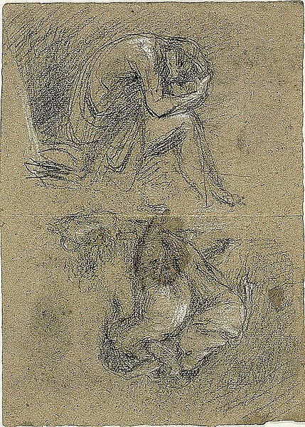 Sketches: Seated Man with Head in Hands and Two Figures Bendin... 1847 / 75 (recto); 1863 / 64 (verso). Creator: Jean-Baptiste Carpeaux