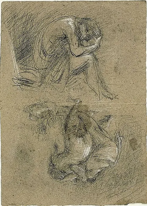 Framed Print : Sketches: Seated Man with Head in Hands and Two Figures Bendin... 1847 / 75 (recto); 1863 / 64 (verso). Creator: Jean-Baptiste Carpeaux Framed Print : Sketches: Seated Man with Head in Hands and Two Figures Bendin... 1847 / 75 (recto); 1863 / 64 (verso). Creator: Jean-Baptiste Carpeaux