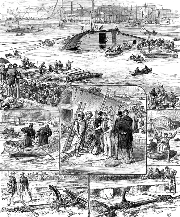 Framed Print : Sketches of the Ship-Launch Disaster at Glasgow, 1883. Creator: Unknown Framed Print : Sketches of the Ship-Launch Disaster at Glasgow, 1883. Creator: Unknown