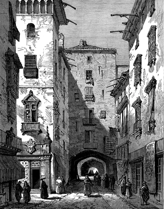 Framed Print : Sketches in Spain: a street of Barcelona, 1873. Creator: William James Palmer Framed Print : Sketches in Spain: a street of Barcelona, 1873. Creator: William James Palmer