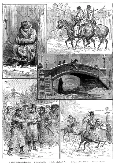 Framed Print : Sketches in St. Petersburg: Night Watchman; Cossacks Patrolling; Sentinel under Canal Bridge... 188 Creator: Unknown Framed Print : Sketches in St. Petersburg: Night Watchman; Cossacks Patrolling; Sentinel under Canal Bridge... 188 Creator: Unknown