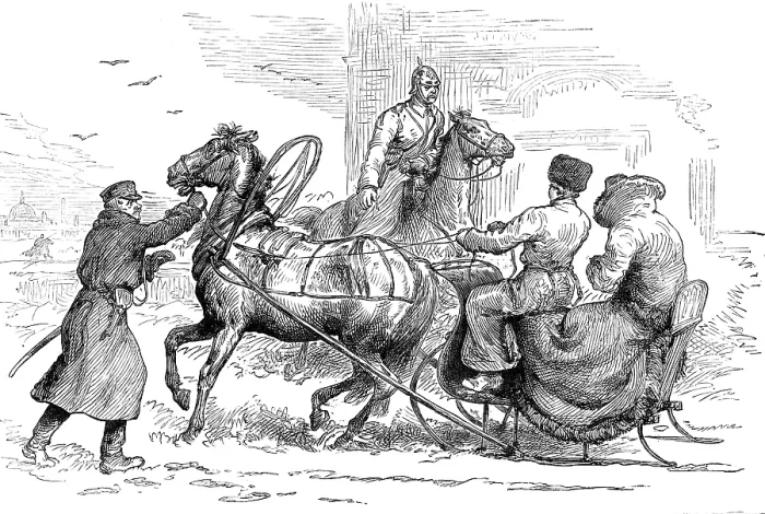 Framed Print : Sketches in St. Petersburg: sledge approaching the city stopped by police, 1881. Creator: Unknown Framed Print : Sketches in St. Petersburg: sledge approaching the city stopped by police, 1881. Creator: Unknown