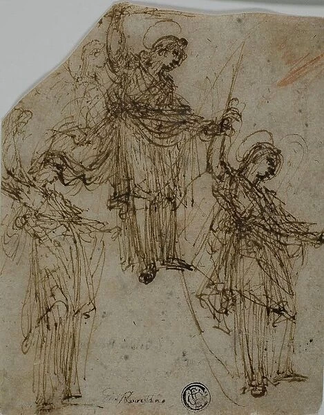 Sketches of a Standing Saint Holding a Sword (r); Sketches of Figures and Heads (v), 1550 / 59... Creator: Unknown