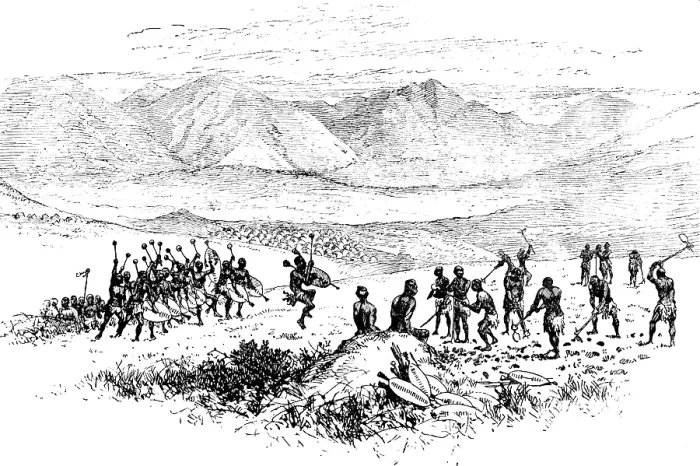 Framed Print : Sketches from Swaziland: hoeing the King's Fields, 1890. Creator: Unknown Framed Print : Sketches from Swaziland: hoeing the King's Fields, 1890. Creator: Unknown