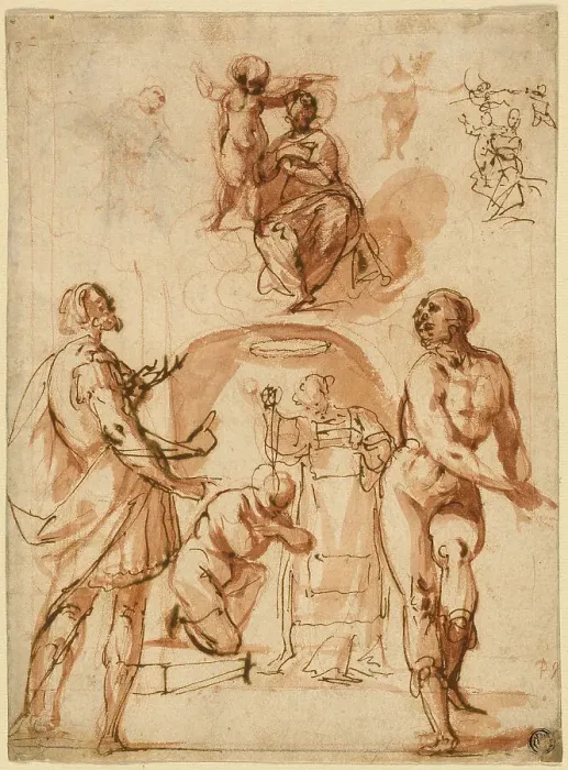 Framed Print : Sketches: Virgin and Child; Virgin and Child with Two Saints; Saint Baptizing Kneeling... n.d. Creator: Giovanni Baglione Framed Print : Sketches: Virgin and Child; Virgin and Child with Two Saints; Saint Baptizing Kneeling... n.d. Creator: Giovanni Baglione