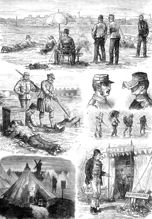 Framed Print : Sketches at the Wimbledon Rifle Meeting, 1881. Creators: J Schonberg, Unknown Framed Print : Sketches at the Wimbledon Rifle Meeting, 1881. Creators: J Schonberg, Unknown
