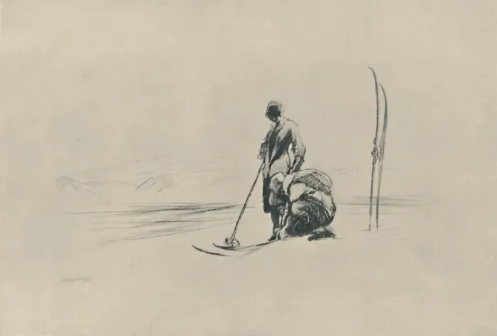 Framed Print : The Ski-Runners, 1919. Artist: Claude Allin Shepperson Framed Print : The Ski-Runners, 1919. Artist: Claude Allin Shepperson