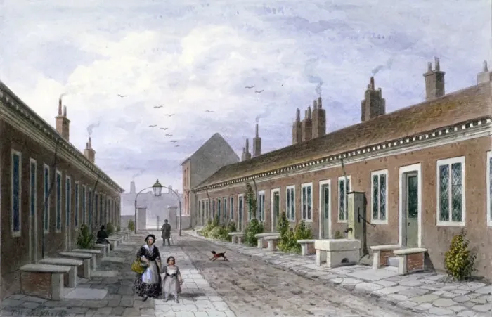 Framed Print : Skinners Almshouses, Mile End Road, Stepney, London, c1840 Framed Print : Skinners Almshouses, Mile End Road, Stepney, London, c1840