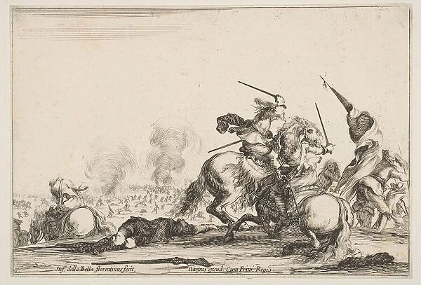 A skirmish, two horsemen battling with swords to the right, men carrying a flag runnin