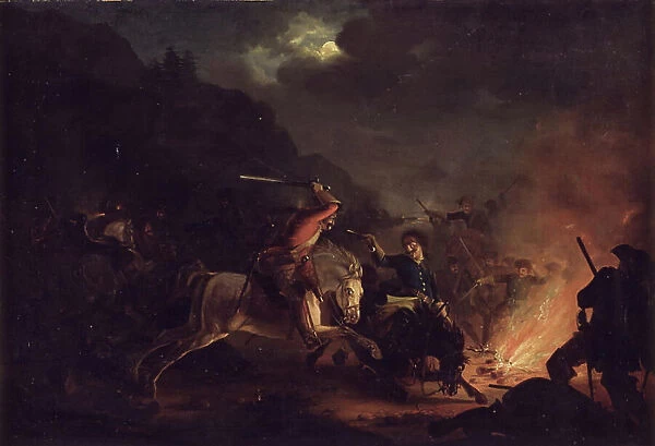 Skirmish at Night between Norwegian and Swedish Cavalry, 1818-1824. Creator: Christian Frederik Carl Holm
