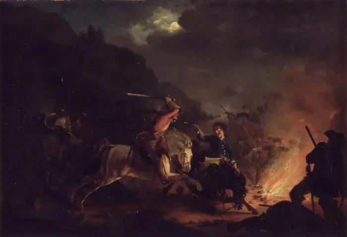 Framed Print : Skirmish at Night between Norwegian and Swedish Cavalry, 1818-1824. Creator: Christian Frederik Carl Holm Framed Print : Skirmish at Night between Norwegian and Swedish Cavalry, 1818-1824. Creator: Christian Frederik Carl Holm
