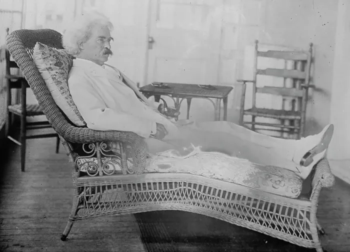 Framed Print : S.L. Clemens reclining in porch chair, 1910. Creator: Bain News Service Framed Print : S.L. Clemens reclining in porch chair, 1910. Creator: Bain News Service