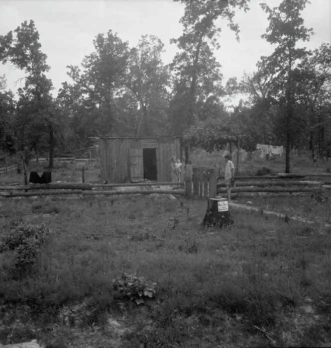 Framed Print : Slab house in clearing east of Atoka, Oklahoma, Atoka County, 1938. Creator: Dorothea Lange Framed Print : Slab house in clearing east of Atoka, Oklahoma, Atoka County, 1938. Creator: Dorothea Lange
