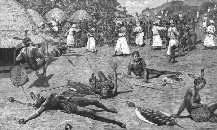Framed Print : A Slave Raid in Central Africa, 1888. Creator: Unknown Framed Print : A Slave Raid in Central Africa, 1888. Creator: Unknown