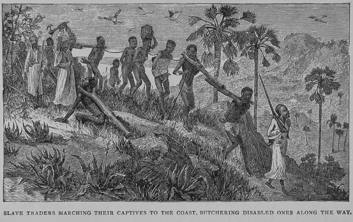 Framed Print : Slave traders marching their captives to the coast. Butchering disabled ones along the way, 1902. Creator: Unknown Framed Print : Slave traders marching their captives to the coast. Butchering disabled ones along the way, 1902. Creator: Unknown