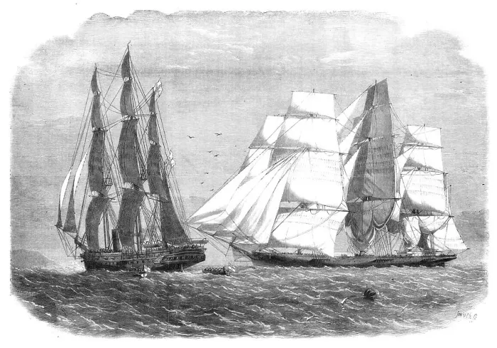 Framed Print : The slaver Sunny South, alias Emanuela surrendering to H.M.S. Brisk, bearing the flag... 1860 Creator: Smyth. The slaver Sunny South, alias Emanuela surrendering to H.M.S Framed Print : The slaver Sunny South, alias Emanuela surrendering to H.M.S. Brisk, bearing the flag... 1860 Creator: Smyth. The slaver Sunny South, alias Emanuela surrendering to H.M.S