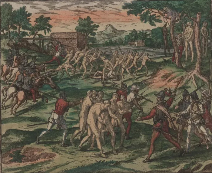 Framed Print : Slaves attempt to overcome their Spanish owners, but are captured and hanged from trees, 1595 Framed Print : Slaves attempt to overcome their Spanish owners, but are captured and hanged from trees, 1595