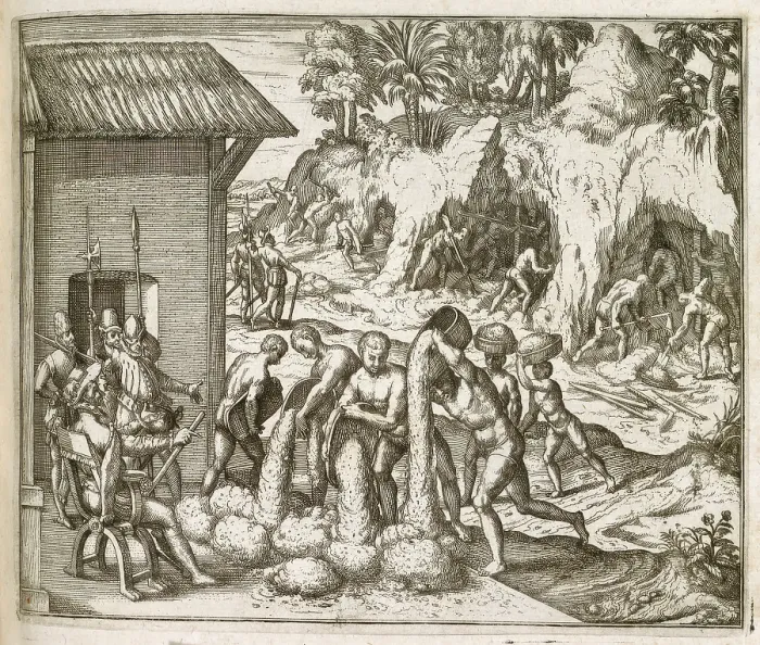 Framed Print : Slaves from Guinea digging for gold and silver in mines, for the Spanish in... 1595 (1617?). Creator: Unknown Framed Print : Slaves from Guinea digging for gold and silver in mines, for the Spanish in... 1595 (1617?). Creator: Unknown