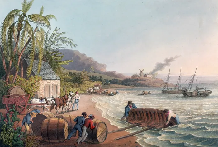 Framed Print : Slaves loading sugar hogsheads onto a boat, 1823. Creator: William Clark Framed Print : Slaves loading sugar hogsheads onto a boat, 1823. Creator: William Clark