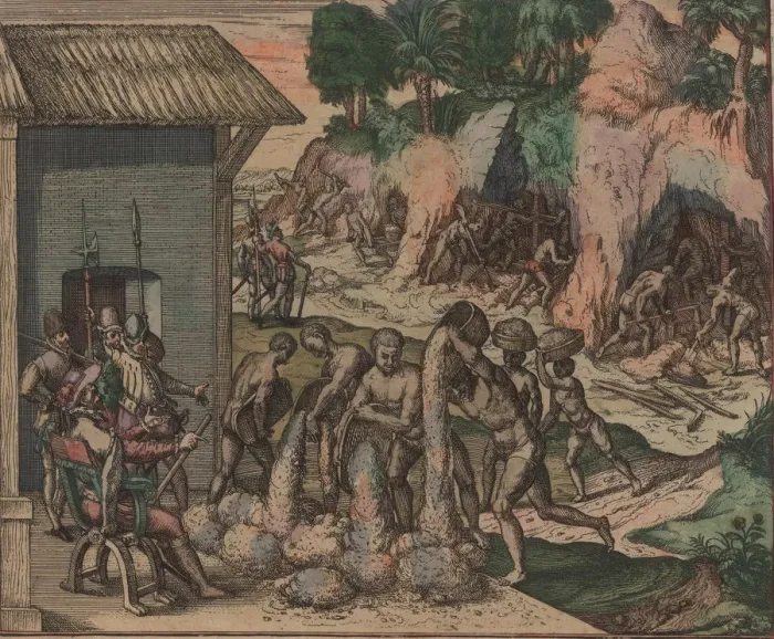 Framed Print : Slaves pour ore in front of European soldiers. In the background, slaves work in the mines, 1595 Framed Print : Slaves pour ore in front of European soldiers. In the background, slaves work in the mines, 1595