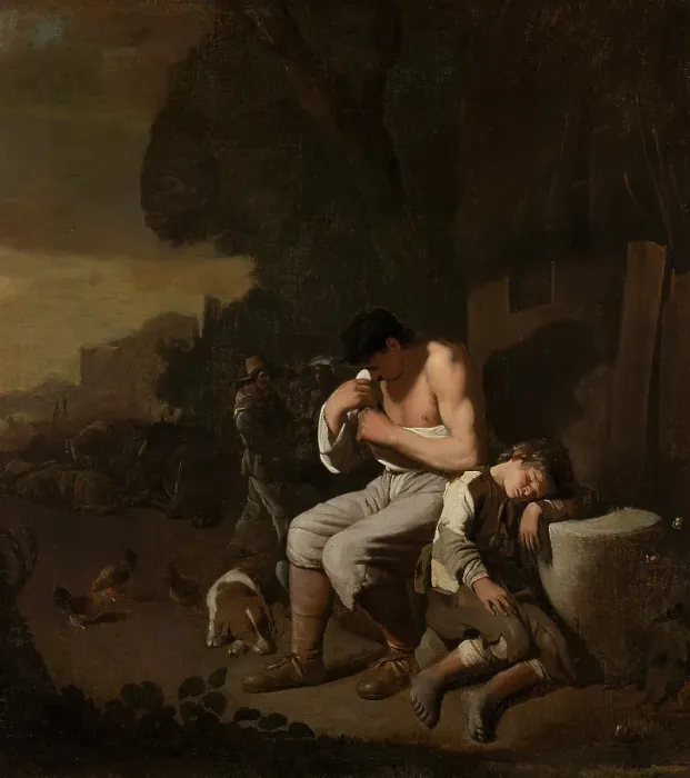 Framed Print : A Sleeping Boy and a Man Removing Fleas from Himself. Creator: Michiel Sweerts Framed Print : A Sleeping Boy and a Man Removing Fleas from Himself. Creator: Michiel Sweerts