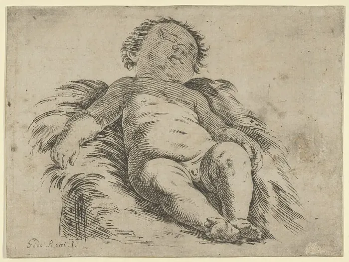 Framed Print : Sleeping child, partly in shadow, after Reni(?), 17th century. Creator: Anon