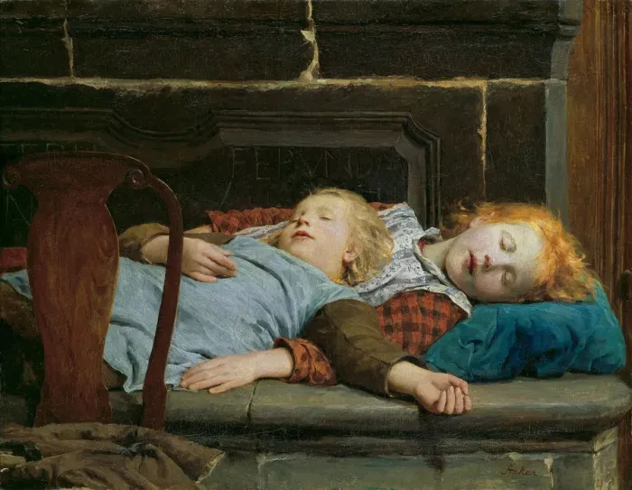 Framed Print : Two sleeping girls on the stove bench, 1895 Framed Print : Two sleeping girls on the stove bench, 1895