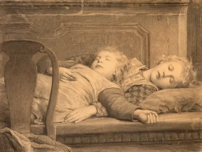 Framed Print : Two sleeping girls on the stove bench, c.1895. Creator: Anker, Albert (1831-1910) Framed Print : Two sleeping girls on the stove bench, c.1895. Creator: Anker, Albert (1831-1910)