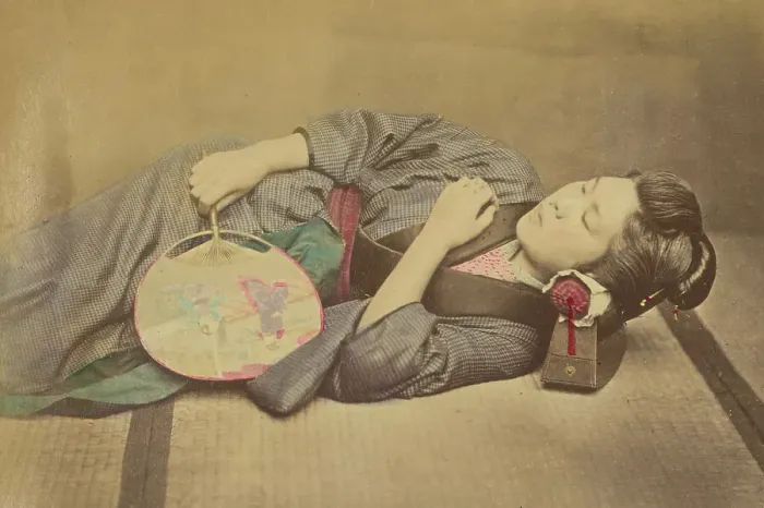 Framed Print : Sleeping Japanese woman holding a fan, 1868-1880. Creator: Felice Beato Framed Print : Sleeping Japanese woman holding a fan, 1868-1880. Creator: Felice Beato