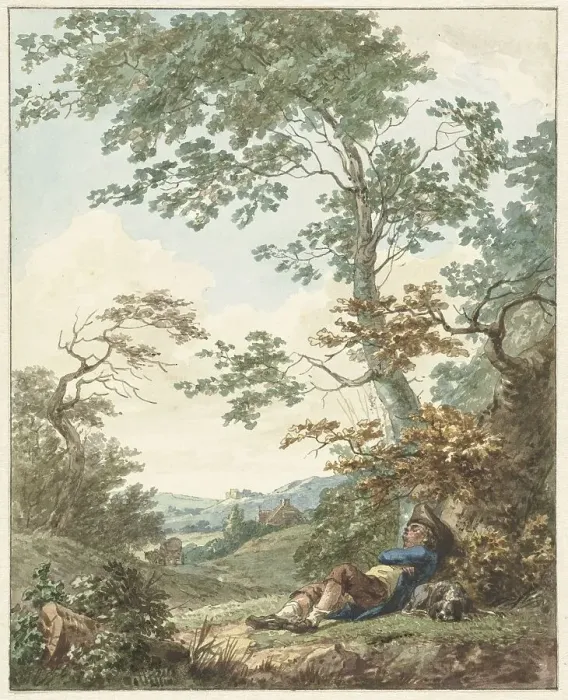 Framed Print : Sleeping man with dog under a tree, 1754-1820. Creator: Hermanus Numan Framed Print : Sleeping man with dog under a tree, 1754-1820. Creator: Hermanus Numan