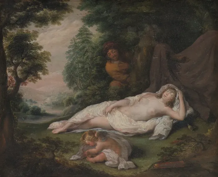 Framed Print : Sleeping Nymph Watched by a Man, 1649. Creator: Laurentius de Neter Framed Print : Sleeping Nymph Watched by a Man, 1649. Creator: Laurentius de Neter