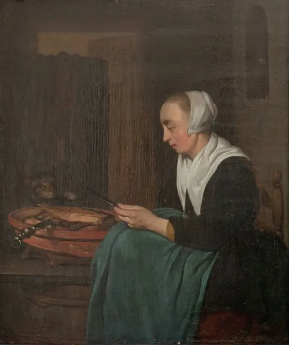 Framed Print : A Sleeping Saleswoman, 1644-1667. Creator: Gabriel Metsu