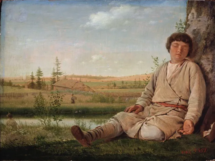 Framed Print : Sleeping Shepherd Boy, 1823. Artist: Venetsianov, Alexei Gavrilovich (1780-1847) Framed Print : Sleeping Shepherd Boy, 1823. Artist: Venetsianov, Alexei Gavrilovich (1780-1847)