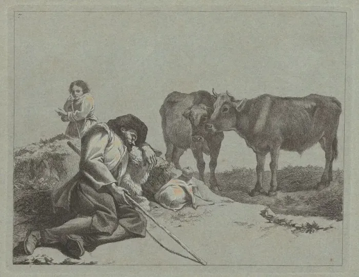 Framed Print : Sleeping Shepherd, Two Calves, and a Peasant Woman, 1762 / 1763 Framed Print : Sleeping Shepherd, Two Calves, and a Peasant Woman, 1762 / 1763