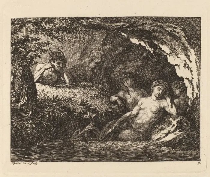 Framed Print : Three Sleeping Sprites with a Satyr, 1769. Creator: Salomon Gessner